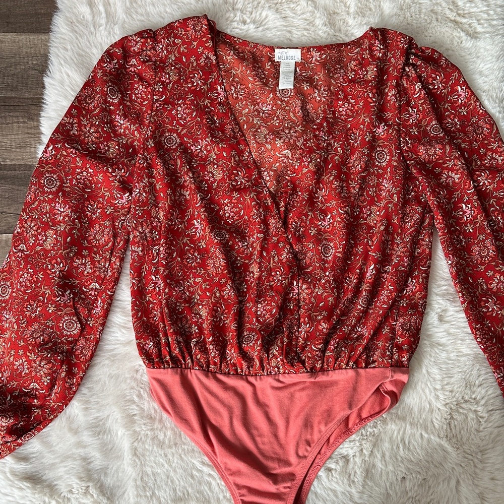 West of Melrose Red Floral Bodysuit Top